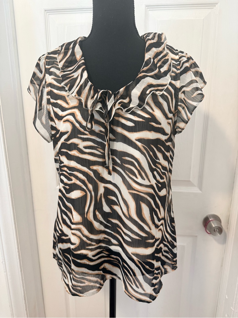 Haver & Blair Tie-Neck Ruffle Blouse in Black and Cream Zebra Print Size M